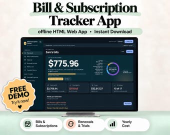 Bill and Subscription Tracker, Monthly Bill Organizer, Offline HTML Web App
