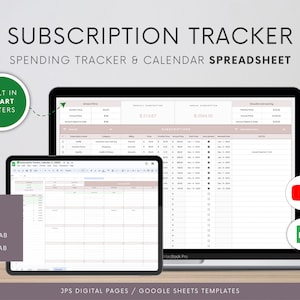 May include: A laptop and tablet displaying a Google Sheets spreadsheet template for tracking subscriptions. The spreadsheet includes tabs for setup, financial tracking, and a calendar. The spreadsheet has a light pink background with dark gray text. The title of the spreadsheet is "Subscription Tracker: Spending Tracker & Calendar Spreadsheet".