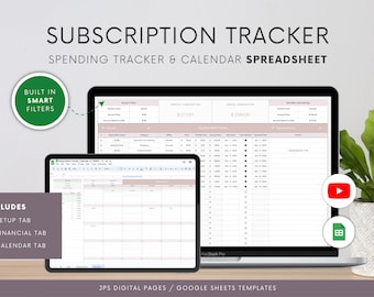 Op de afbeelding: Een laptop en een tablet waarop een Google Sheets-spreadsheettemplate wordt weergegeven voor het bijhouden van abonnementen. De spreadsheet bevat tabbladen voor instellingen, financiële tracking en een kalender. De spreadsheet heeft een lichtroze achtergrond met donkergrijze tekst. De titel van de spreadsheet is "Subscription Tracker: Spending Tracker & Calendar Spreadsheet".