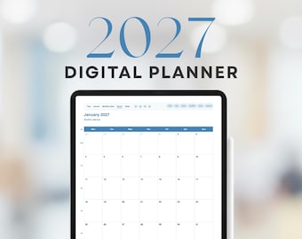 Digital kalender för 2027, minimalistisk och porträttkalender med hyperlänk i PDF-format (Goodnotes, Notability) och 500+ bonusklistermärken