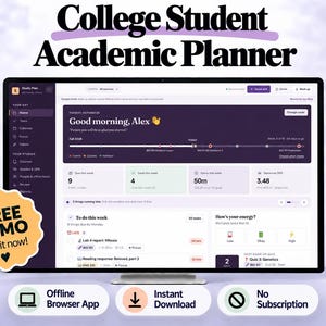 May include: A digital academic planner displayed on a computer monitor, featuring a dark purple interface with a dashboard showing tasks, grades, and study schedules. A yellow badge reads FREE DEMO Try it now! with three icons below.