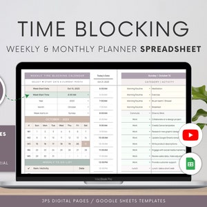 Time Blocking Planner Spreadsheet | Google Sheets Template | 24 Hour Weekly Schedule | Time Blocking Digital Planner | Monthly Task Calendar