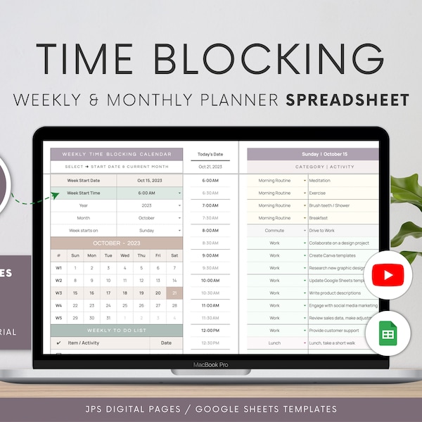 Hoja de cálculo del planificador de bloqueo de tiempo / Plantilla de Google Sheets / Horario semanal de 24 horas / Planificador digital de bloqueo de tiempo / Calendario de tareas mensual