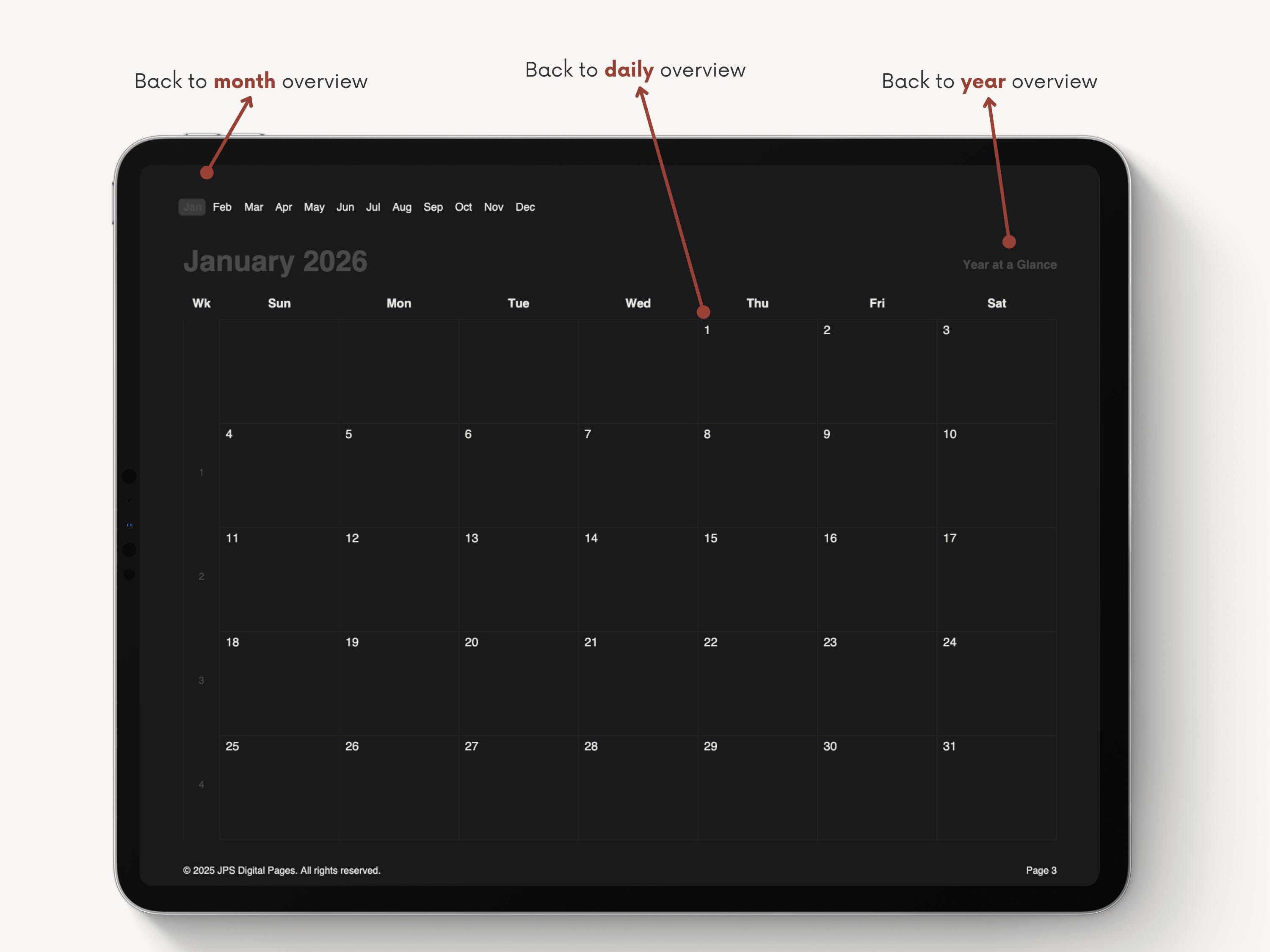 2026 Minimalist Digital Planner Dark Mode: Hyperlinked PDF Calendar ...