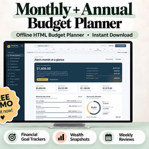 May include: A computer monitor displaying a Monthly + Annual Budget Planner interface with financial data, including a dashboard titled Alex's month at a glance. A yellow badge on the left reads FREE DEMO Try it now! with three icons below.