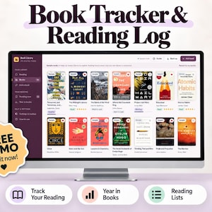 May include: A computer monitor displaying a digital book tracker and reading log interface with a grid of book covers. A yellow badge on the left reads FREE DEMO Try it now! Three rounded buttons below show icons and text: Track Your Reading, Year in Books, and Reading Lists.