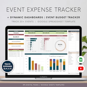 Expense Tracker & Dashboard Spreadsheet Evenementplanner, Google Spreadsheets-sjabloon, Zakelijke uitgaven bijhouden, Projectbudget, versie 2024-2025