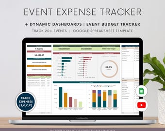 May include: A laptop computer displaying a Google Sheets spreadsheet template for tracking event expenses. The spreadsheet includes charts and graphs to visualize budget, spending, and event performance. The text "EVENT EXPENSE TRACKER" is displayed at the top of the screen.