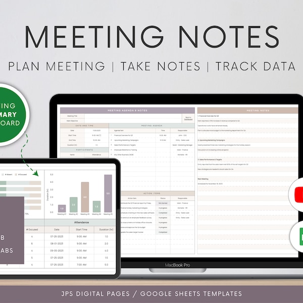 Weekly Meeting Notes | Google Sheets Template | Meeting Agenda, Minutes, and Action List | Meeting Summary Dashboard | Google Spreadsheet