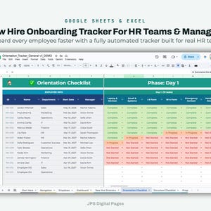May include: A digital spreadsheet template titled New Hire Onboarding Tracker For HR Teams & Managers. The interface displays an Orientation Checklist with columns for employee info and task status, color-coded in green, orange, and red.
