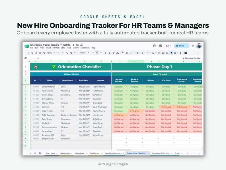 May include: A digital spreadsheet template titled New Hire Onboarding Tracker For HR Teams & Managers. The interface displays an Orientation Checklist with columns for employee info and task status, color-coded in green, orange, and red.