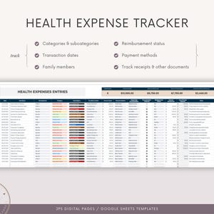 May include: A digital health expense tracker with the title "HEALTH EXPENSE TRACKER". The tracker includes categories, transaction dates, family members, reimbursement status, payment methods, and receipt tracking. The spreadsheet displays financial entries.