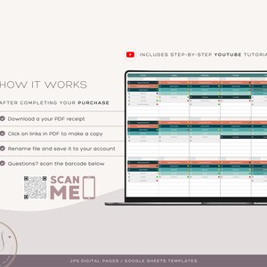 May include: A digital planner template with a teal, coral and yellow colour scheme. The template is displayed on a laptop screen and includes a calendar, to-do list and notes section. The image also includes instructions on how to download and use the template, as well as a QR code to scan for more information.
