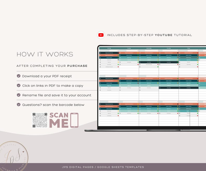 May include: A digital planner template with a teal, coral and yellow colour scheme. The template is displayed on a laptop screen and includes a calendar, to-do list and notes section. The image also includes instructions on how to download and use the template, as well as a QR code to scan for more information.