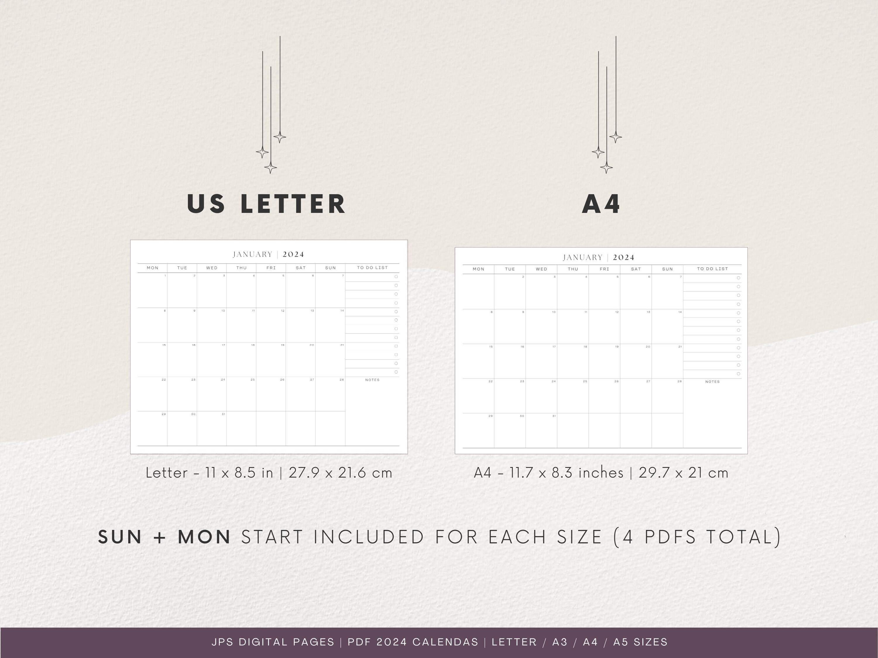 2024 Calendar Monthly Printable Landscape PDF 2024 Monthly Calendar