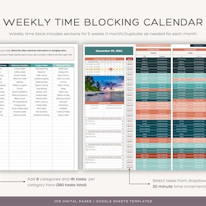 May include: A printable weekly time blocking calendar template for Google Sheets. The calendar includes sections for 5 weeks (1 month) and features a tropical beach scene at the top. The template includes 8 categories and 45 tasks per category, for a total of 360 tasks. The calendar is designed to be used with 30-minute time increments.