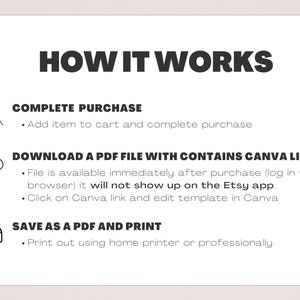 May include: A black and white graphic illustration showing how to purchase, download, and print a digital product. The text reads "How it Works", "Complete Purchase", "Download a PDF file with contains Canva links", and "Save as a PDF and print".