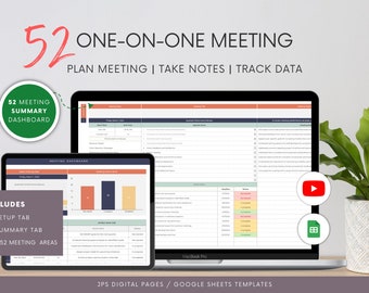 52 One-on-One Meeting Agenda & Notes Template | Google Sheets Template | 52 Meeting Dashboard | 1:1 Manager and Employee Meeting Meetings