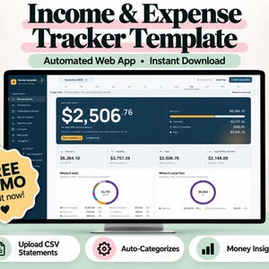 Puede incluir: Un monitor de computadora muestra el panel de control de una aplicación web Income & Expense Tracker Template con datos financieros, gráficos y una barra lateral. Una insignia amarilla festoneada dice FREE DEMO Try it now! con un corazón.