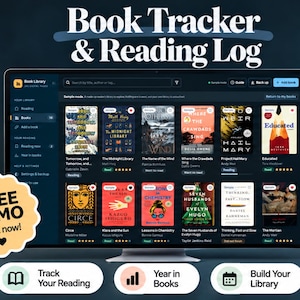 May include: A digital book tracker and reading log displayed on a computer monitor. The interface features a dark theme with a library of book covers, reading status indicators, and star ratings. Text includes Book Tracker & Reading Log.