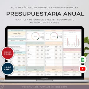 Plantilla Presupuestaria Anual, Hoja de Cálculo de Google, Acompanhamento de ingressos e gastos, Presupuesto financeiro para 12 meses