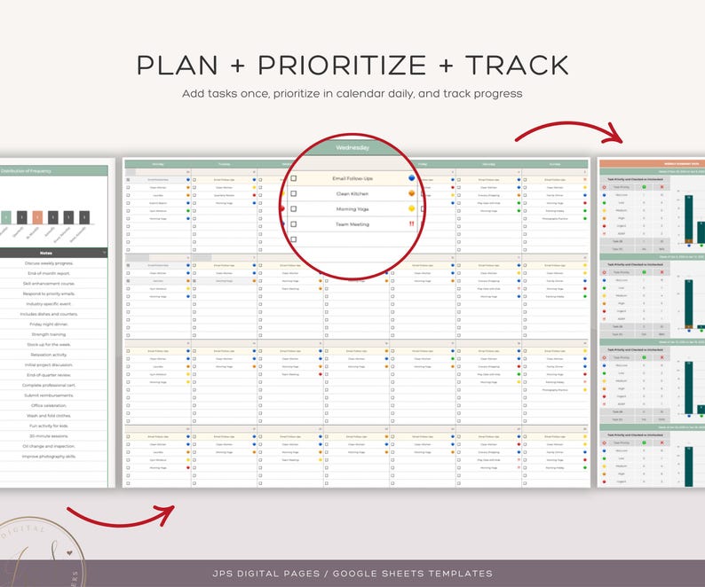Puede incluir: Una plantilla de planificador digital para Google Sheets con un calendario, una lista de tareas y un rastreador de progreso. La plantilla est&aacute; dise&ntilde;ada para ayudar a los usuarios a planificar, priorizar y realizar un seguimiento de sus tareas.