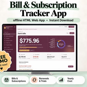 Peut inclure: Un écran d'ordinateur affiche l'interface d'une application de suivi des factures et abonnements avec un tableau de bord violet foncé, un graphique circulaire et le texte Bill & Subscription Tracker App, offline HTML Web App, FREE DEMO.