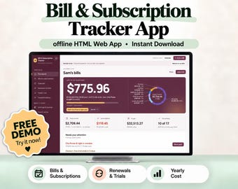 Bill and Subscription Tracker, Monthly Bill Organizer, Offline HTML Web App