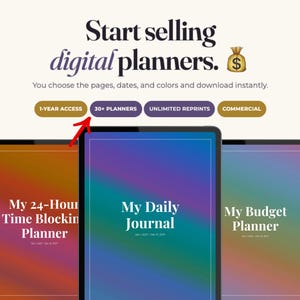 Op de afbeelding: Een digitale afbeelding met de tekst Start selling digital planners en een icoon van een geldzak. Daaronder staan vier ovale knoppen met de labels 1-YEAR ACCESS, 30+ PLANNERS, UNLIMITED REPRINTS en COMMERCIAL. Tablets tonen diverse planners.