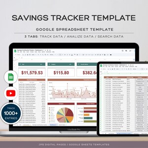Può includere: Un laptop e un tablet mostrano un modello di monitoraggio dei risparmi. Lo schermo mostra l'analisi dei dati con grafici e cifre finanziarie. Il testo recita "SAVINGS TRACKER TEMPLATE" e "GOOGLE SPREADSHEET TEMPLATE". Il modello include oltre 1000 voci.