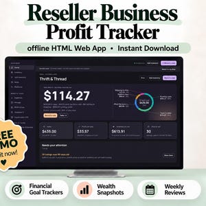 May include: A computer monitor displays a Reseller Business Profit Tracker web app dashboard with dark mode interface, financial charts, and data tables. A yellow starburst badge reads FREE DEMO Try it now! Three buttons below show Financial Goal Trackers, Wealth Snapshots, and Weekly Reviews.