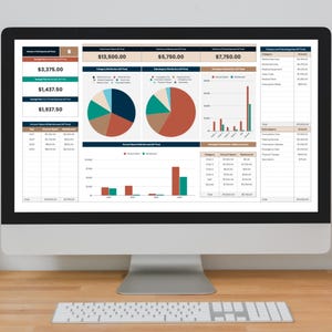 May include: A desktop computer monitor displaying a detailed financial report. The report includes charts, graphs, and numerical data, with a color scheme of green, teal, brown, and red. A white keyboard sits in front of the monitor on a wooden desk.