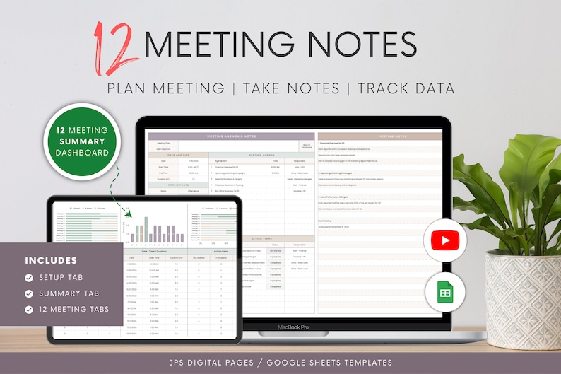 Douze 12 notes de réunion hebdomadaires Modèle Google Sheets Ordre du jour de la réunion, procès-verbal et liste d'action Tableau de bord de réunion Feuille de calcul Google image 1
