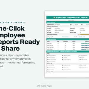 May include: A digital document titled Employee Onboarding Report with sections for employee information, onboarding summary, phase breakdown, and orientation task status. The layout features green headers and organized tables for tracking progress.