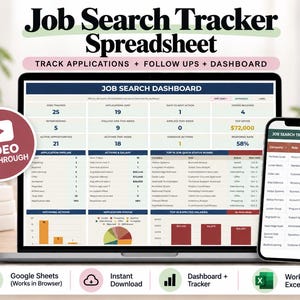 May include: A digital job search tracker spreadsheet displayed on a laptop and smartphone screen. The dashboard features data tables, charts, and metrics for tracking job applications, follow-ups, and salary offers in a professional layout.