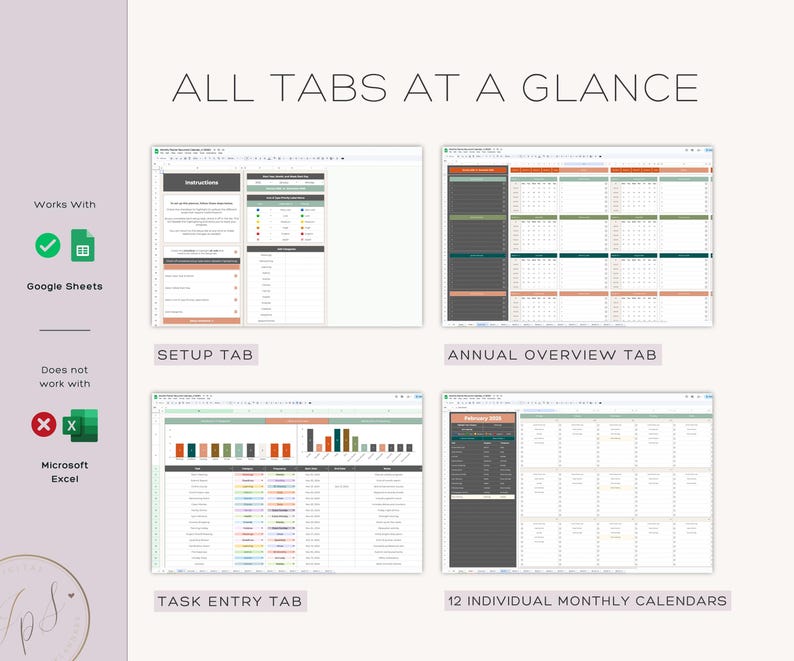 Puede incluir: Una captura de pantalla de una hoja de c&aacute;lculo de Google con cuatro pesta&ntilde;as: Instrucciones, Configuraci&oacute;n, Entrada de tareas y 12 calendarios mensuales individuales. La hoja est&aacute; dise&ntilde;ada para ayudar a los usuarios a realizar un seguimiento de sus tareas y programarlas.
