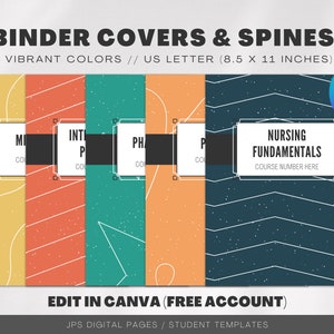 May include: Five printable binder covers and spines in different colors with geometric patterns. The covers are designed for US Letter size (8.5 x 11 inches) and feature text boxes for course titles and numbers. The text on the blue cover reads "Nursing Fundamentals, Course Number Here".
