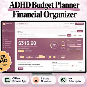 May include: A digital ADHD Budget Planner and Financial Organizer displayed on a computer monitor. The interface features a purple and white dashboard with financial tracking tools, a spending summary, and a yellow badge stating FREE DEMO Try it now!