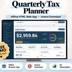 Pode incluir: Um monitor de computador exibindo a interface do aplicativo web HTML offline Quarterly Tax Planner. A tela mostra dados financeiros, resumos de impostos e um gráfico de rosca. Um emblema amarelo à esquerda diz FREE DEMO Try it now!.