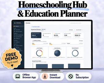 Homeschool Digital Planner/Binder | Transcript Maker, Attendance and Grade Tracker (HTML Web App)