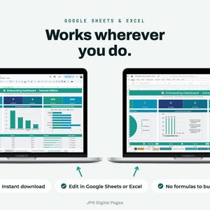 May include: Two laptops displaying an Onboarding Dashboard General Edition in Google Sheets and Excel. The text reads: Google Sheets & Excel Works wherever you do. Instant download, Edit in Google Sheets or Excel, No formulas to build, JPS Digital Pages.