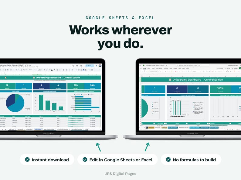 May include: Two laptops displaying an Onboarding Dashboard General Edition in Google Sheets and Excel. The text reads: Google Sheets & Excel Works wherever you do. Instant download, Edit in Google Sheets or Excel, No formulas to build, JPS Digital Pages.