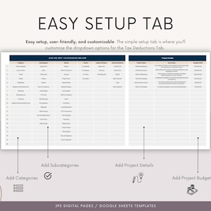 K&ouml;nnte beinhalten: Eine Google Sheets-Vorlage f&uuml;r Steuerabz&uuml;ge. Die Vorlage hat drei Abschnitte: Kategorien hinzuf&uuml;gen, Unterkategorien hinzuf&uuml;gen und Projektdetails hinzuf&uuml;gen. Die Vorlage soll Benutzern helfen, ihre Steuerabz&uuml;ge zu organisieren.