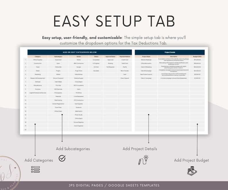 K&ouml;nnte beinhalten: Eine Google Sheets-Vorlage f&uuml;r Steuerabz&uuml;ge. Die Vorlage hat drei Abschnitte: Kategorien hinzuf&uuml;gen, Unterkategorien hinzuf&uuml;gen und Projektdetails hinzuf&uuml;gen. Die Vorlage soll Benutzern helfen, ihre Steuerabz&uuml;ge zu organisieren.