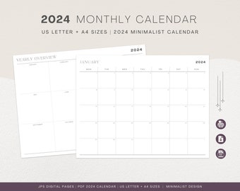 2024 Calendar - Monthly Printable Landscape PDF - 2024 Monthly Calendar Sunday & Monday Start - A4 and US Letter Size PDF Calendars_V1