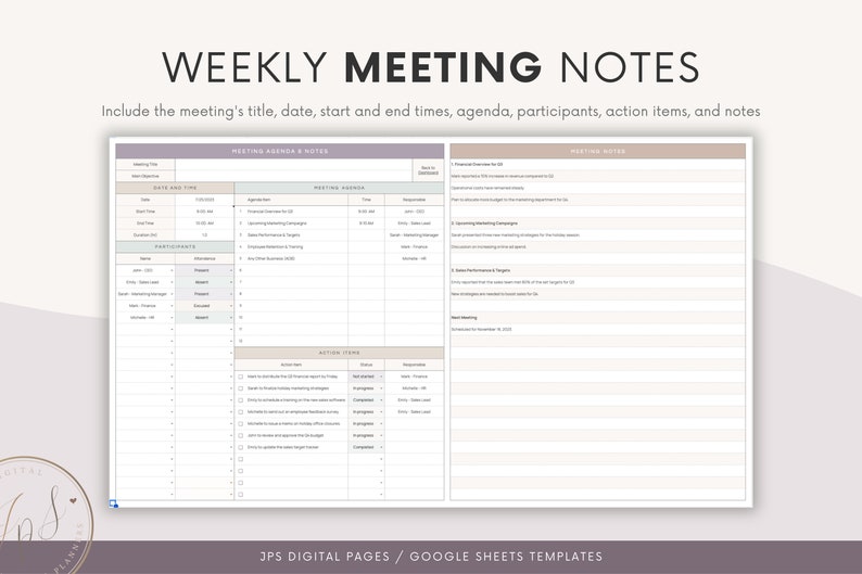 Douze 12 notes de réunion hebdomadaires Modèle Google Sheets Ordre du jour de la réunion, procès-verbal et liste d'action Tableau de bord de réunion Feuille de calcul Google image 4