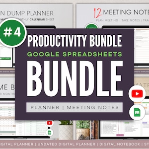 May include: A productivity bundle for Google Spreadsheets. The bundle includes a brain dump planner, a time block planner, and 12 meeting notes templates. The bundle is labeled #4 and is available for download.