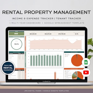 May include: A laptop computer displaying a Google Sheets spreadsheet template for rental property management. The spreadsheet includes a multi-year dashboard, income and expense tracker, and tenant tracker. The spreadsheet is designed to track up to 100 rental properties.