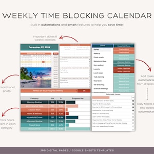 May include: A weekly time blocking calendar template for Google Sheets. The template includes a calendar, a daily habit tracker, and a progress bar to track time spent on different activities. The template is designed to help users save time by automating tasks and adding daily habits automatically.