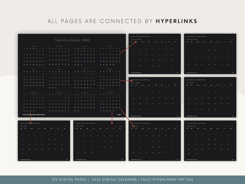 2026 Minimalist Digital Planner Dark Mode: Hyperlinked PDF Calendar ...